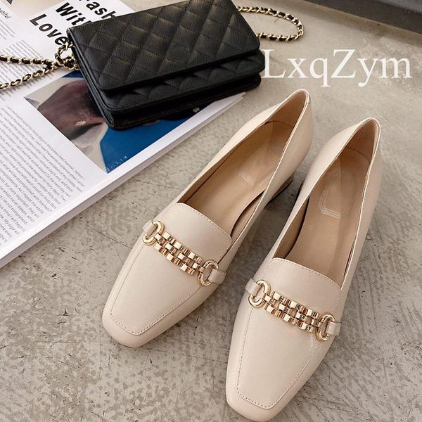 

dress shoes genuine leather loafers for women soft heels pumps chain decoration handmade slip on square toe lazy, Black