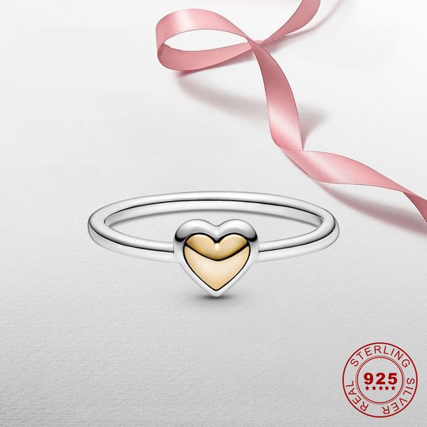 925 Sterling Silver Bimocolor Domed Golden Heart S para mulheres declaração banda de casamento jóias anel de dedo baga