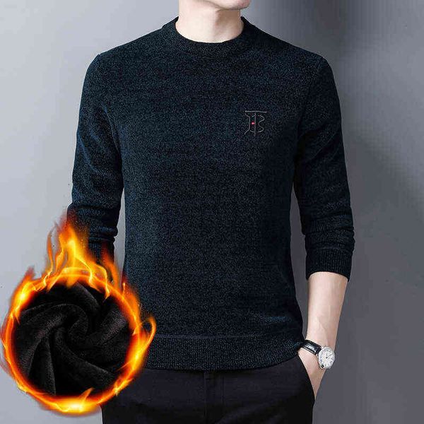 

men's chenille 2021 autumn winter round neck slim fit inside with thickened plush embroidery sweater men's, White;black