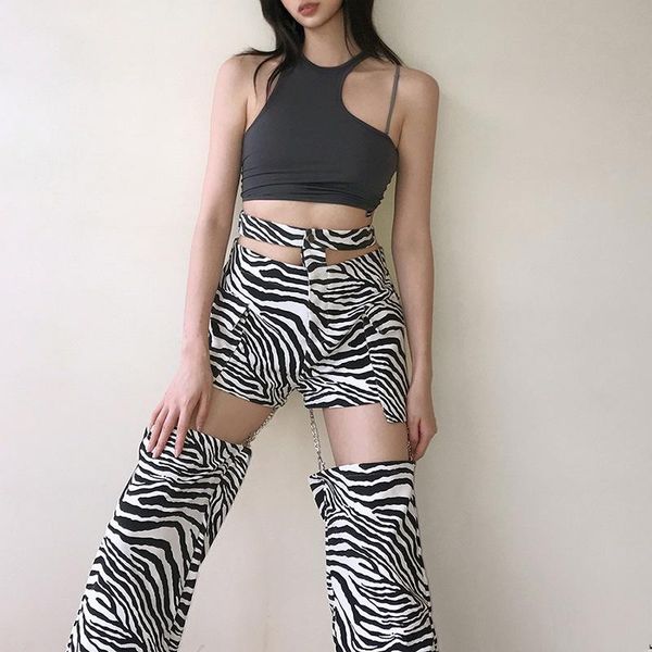 

fashion zebra printed high waist hollow out sweatpants women chains detachable loose casual pants harajuku trousers women's & capris, Black;white