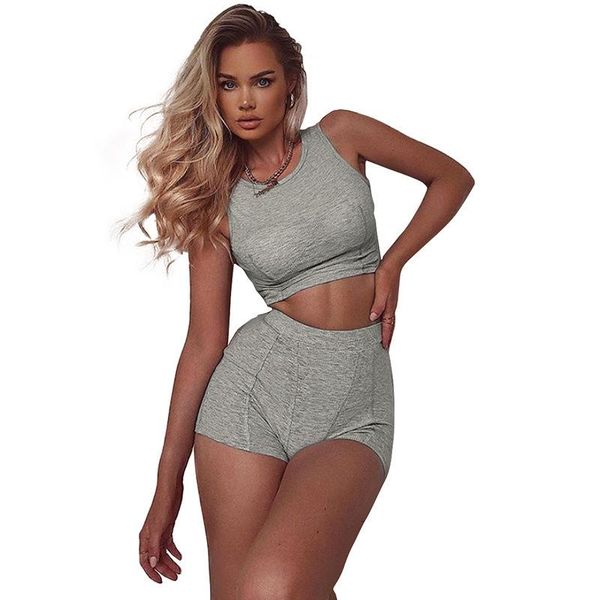 

crew-neck yoga set casual solid color women sleeveless 2021 all-match slimming tank tummy compression shorts activewear outfit