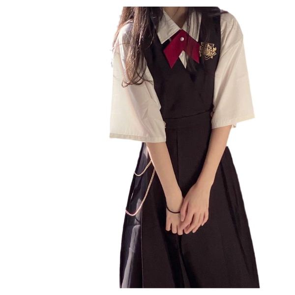 

clothing sets 2021 japanese style girls school uniform stand-up collar jk suit sweet girl strap dress set daily, White