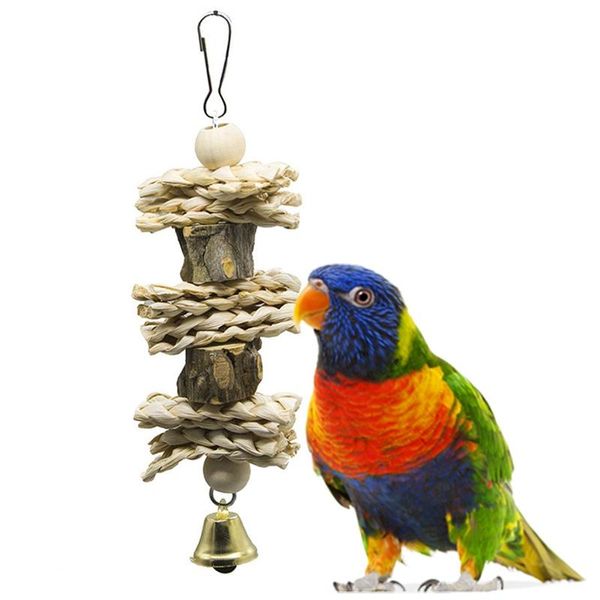 

1pc bird parrot toy wooden grass chewing bite hanging cage swing climb chew toys with bell natural wood for other supplies