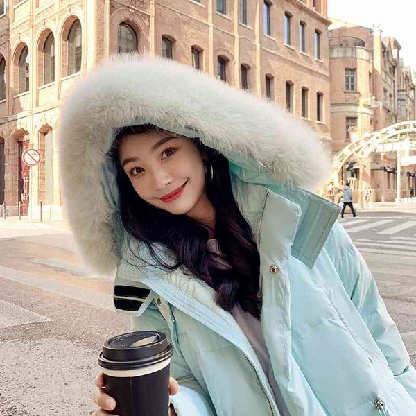 

white duck down 2021 winter new korean slim jacket women's medium and long large hairy collar, Black