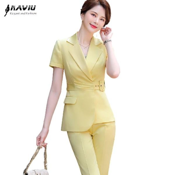 

women's two piece pants yellow suits women summer short sleeve high end fashion business formal slim blazer and office ladies work wear, White