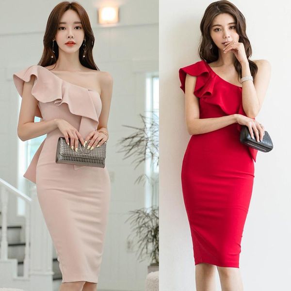 

casual dresses one off shoulder tight dress piece korean ladies summer ruffle sleeveless cabaret party bodycon for women, Black;gray