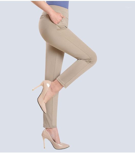 

women's pants & capris woman summer plus size casual mid elastic waist solid pencil female thin stretch ankle-length trousers lady pant, Black;white