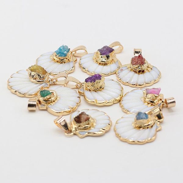 

charms sector pendant natural semi-precious stone shell-covered gold rim crystal bud pendants for jewelry making diy necklace 20x25mm, Bronze;silver