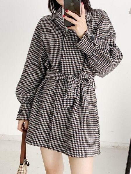 

women's wool & blends winter plaid fashion korean bubble sleeve windbreaker coat girl girl's thousand bird 8100712, Black