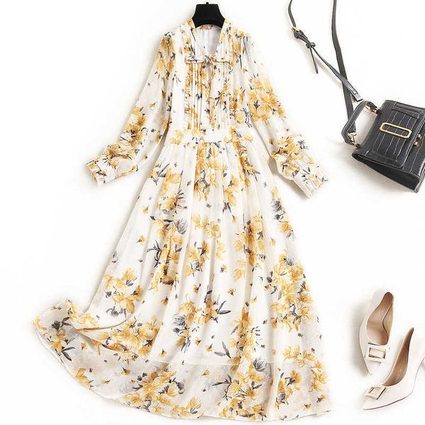 

fashion runway designers spring elegant floral print chiffon dress long sleeve bow collar holiday beach robe femme women vestido 210601, Black;gray