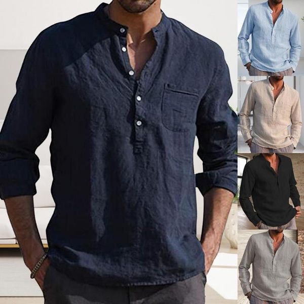 

men solid color v neck long sleeve button pocket t-shirt cotton linen shirt men's t-shirts, White;black