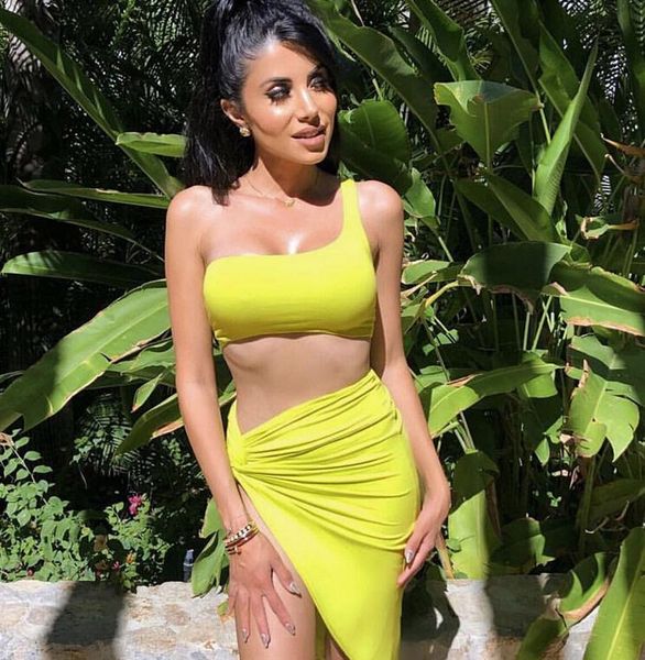 

women 2 piece one shoulder solid color high side slit bodycon beachwear crop and skirt set bandage party women's two pants, White