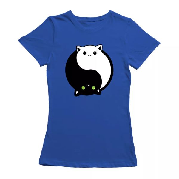 

kawaii cats ying yang graphic women's royal blue t-shirt, White;black