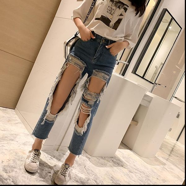 

plus size 5xl solid fashion women jeans ripped casual high waisted pencil korean pants female kz72, Blue