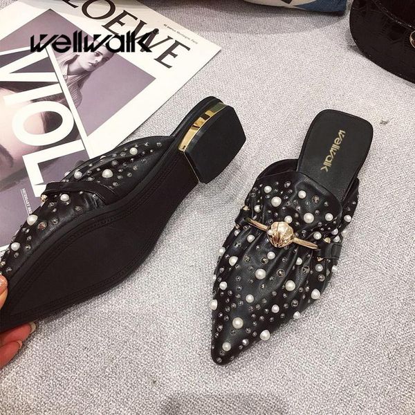 

slippers low heel mules women flat shoes pearl metal decoration slides female spring summer loafers slip on brand shoe woman, Black
