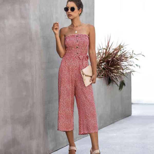 Verão Floral Impressão Largo Perna Jumpsuits Mulheres Sexy Botão Strapless Lace Up Pocket Ladies Playsuit Elegante Algodão Casual Macacões 210507