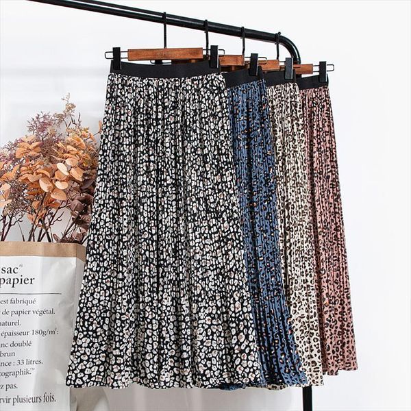 

chiffon leopard print pleated girl women skirt long of tall waist elastic, Black