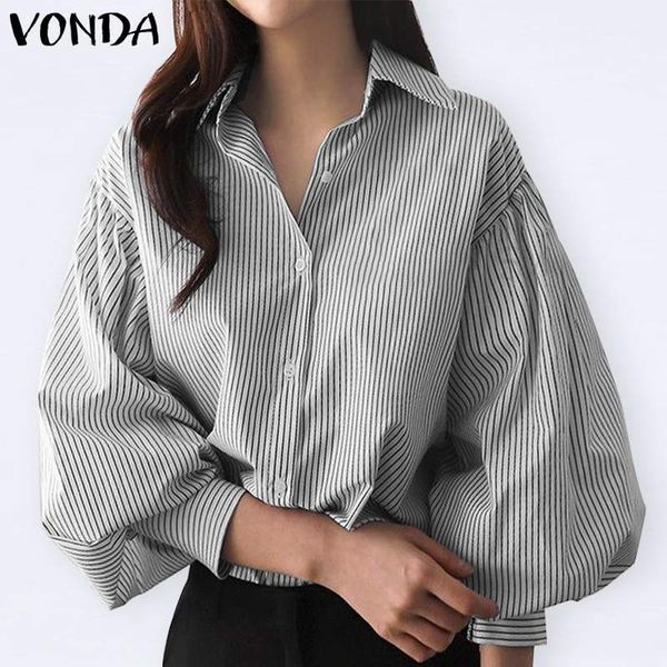 

blouses vonda women elegant striped turn-down collar office ladies shirts 2021 female ol tunic vintage solid blouse, White