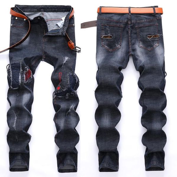 

men's jeans product spring thin section slim breathable trend trousers casual stretch ripped straight boys, Blue