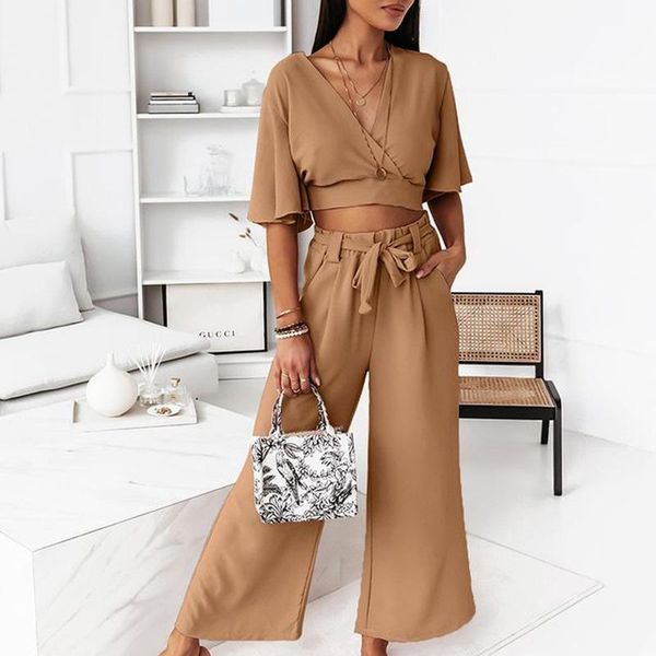 

women's two piece pants agong summer v neck high waisted suits women fashion solid suit elegant tie belt wide leg female ladies, White