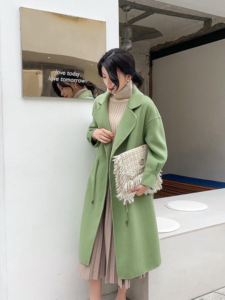

women's wool & blends double faced cashmere coat middle and long autumn winter clothes in loose cashew nut green, Black