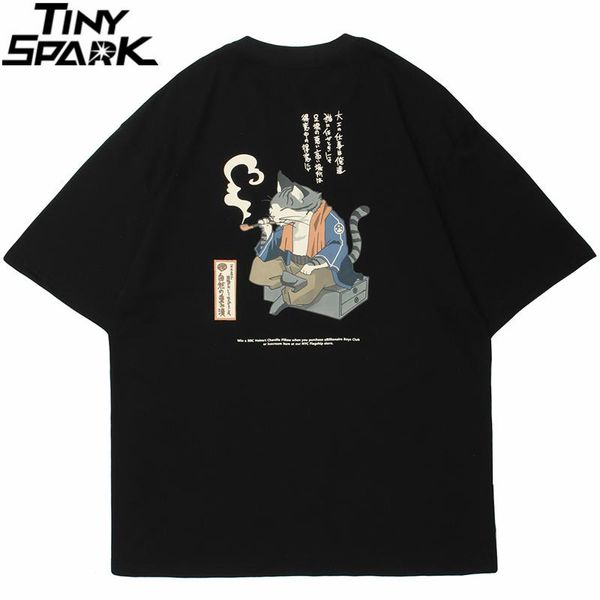 

hip hop streetwear t-shirt japanese kanji cat taoist smoking print t shirt 2021 men harajuku cotton casual short sleeve tshirt men's t-, White;black