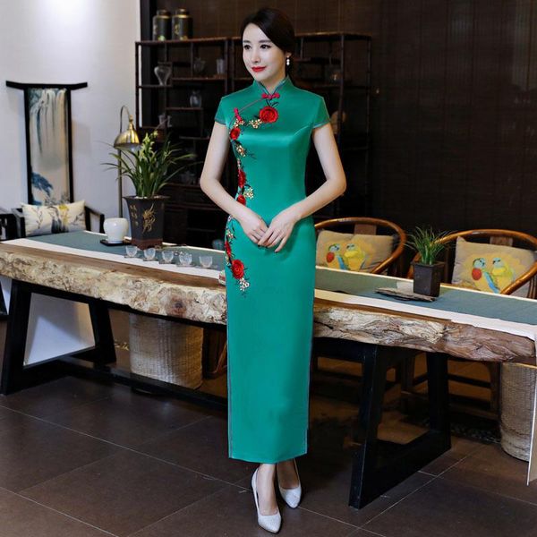 

ethnic clothing light blue women's long cheongsam summer vintage chinese style qipao slim party dress button vestido plus size s-4xl, Red