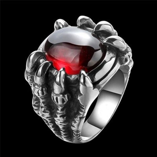 

dragon claw retro punk goth big black red stone men's alloy cast ring gothic men bijoux gem cluster rings, Golden;silver