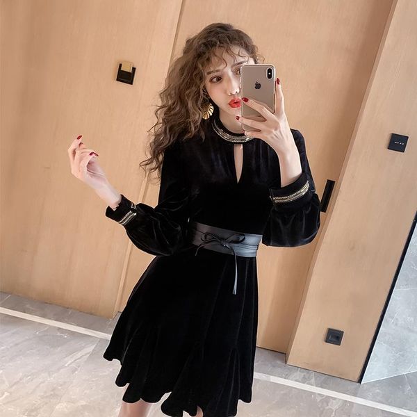 

casual dresses large size women mini a line fall dress vintage winter bandage dresshalf turtleneck black velvet woman abiti donna, Black;gray