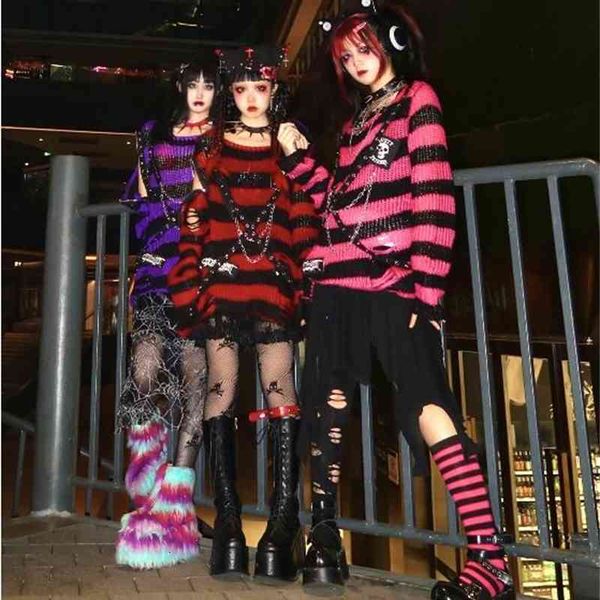 

women's blouses & shirts harajuku gothic girls punk sweater women rock metal chain hole striped loose bes knitted jumpers jxk, White