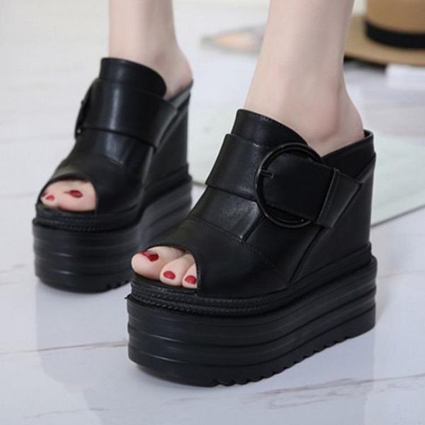 

slippers fashion women slides wedge shoes super heel leather summer sandals, Black