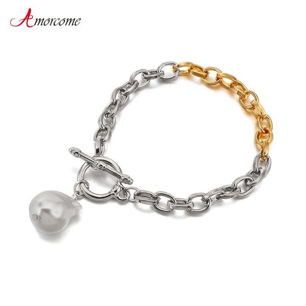 

link, chain amorcome minimalist gold silver color bracelets baroque pearls pendant charm chunky bracelet simple jewelry gift for women, Black