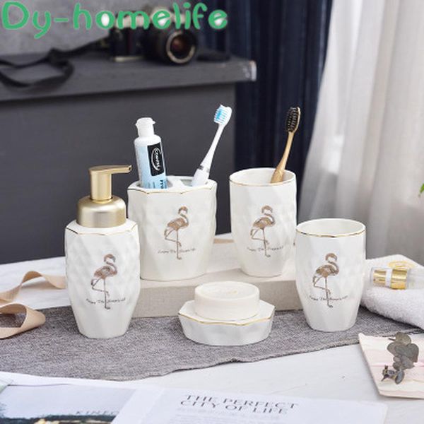 

bath accessory set nordic phnom penh gemstone pattern white blue two-color drawing gold flamingo ice crack ceramic family bathroom wash 5 pi