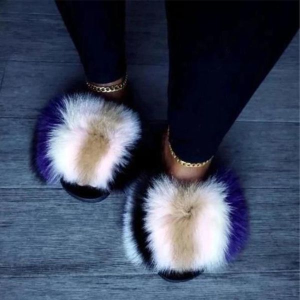 

furry slippers home flip flops women real big fur slides zapatos de mujer chausson fourrure femme klapki z futerkiem, Black
