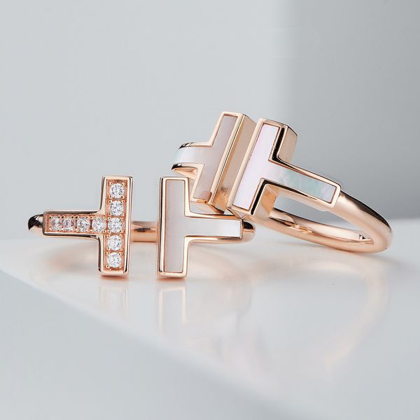 

ring t family double whie shell 925 serling silver plaed 18k gold open whie moher inlaid wih diamond t-shaped