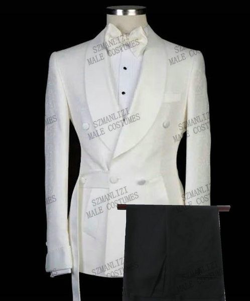 

latest designs double breasted men suit shawl lapel slim fit 2 piece set white floral wedding groom prom tuxedo costume men's suits & b, White;black