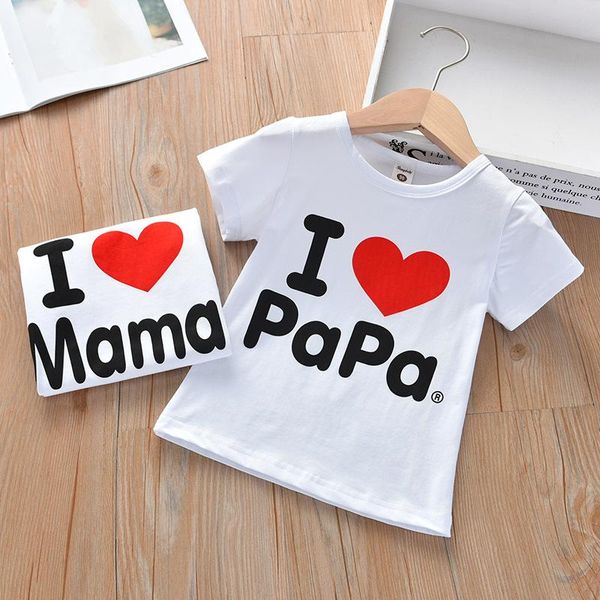 

girls short sleeve t-shirt kids 2021 summer round neck print i love mom and dad boys clothes 2-6 years children clothing sets, White