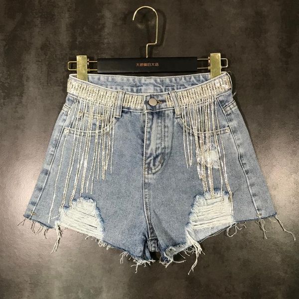 

women's shorts diamond belt mosaic chain tassel drill hole in three points denim, White;black