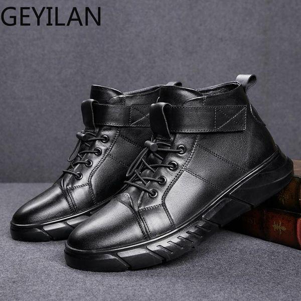 

boots men genuine leather sneakers fashion winter plush warm snow lace up footwear ankle big size 48 4, Black