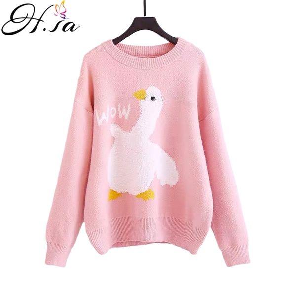 Mulheres inverno pulôver e suéteres desenhos animados jumpers rosa cisne jacquard bonito para meninas kawaii puxar femme hiver 210430