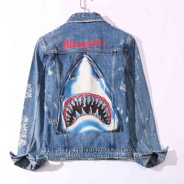 

men's jackets american street fashion retro blue shark printed designer ripped denim jacket hip hop punk coats cve2, Black;brown