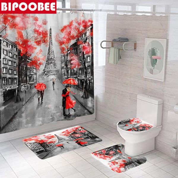 

shower curtains red umbrella lover paris tower bathroom accessories set curtain washroom decor bathtub toilet cover non-slip rugs carpet