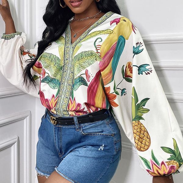 

women's blouses & shirts bohemian style women v neck print blouse loose flare sleeve autumn pullover vintage casual straight streetwea, White