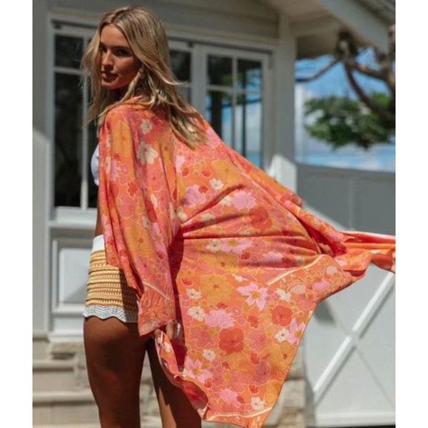 

women's jackets hippie floral printed kimono long sleeve vintage outwear fall summer 2021 beach boho loose casual cardigan women, Black;brown