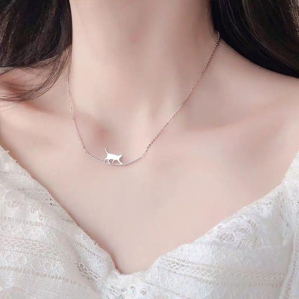 

pendant necklaces fashion walking cat curved cute animal necklace for women simple silver color clavicle chain jewelry