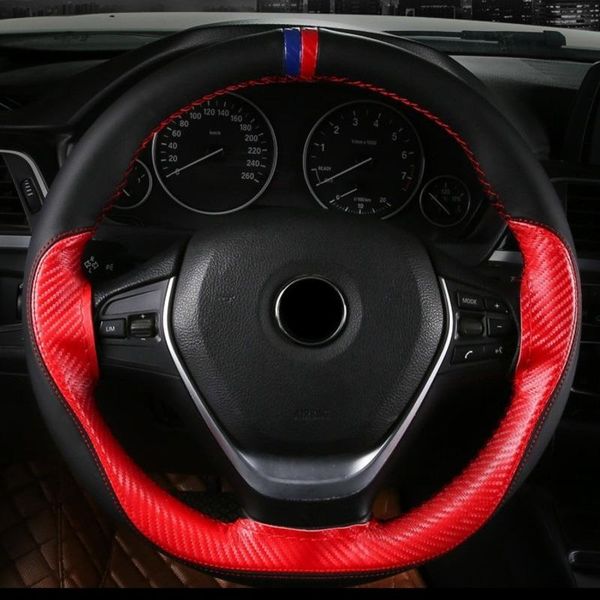 

steering wheel covers carbon fiber leather color-blocked cover hand-stitched with needle and thread suitable for 38 cm