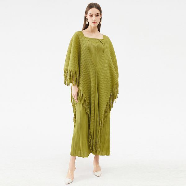 

casual dresses miyake pleated plus size 21 autumn winter designer high fashion tassel square collar indie vintage aesthetic clothe, Black;gray