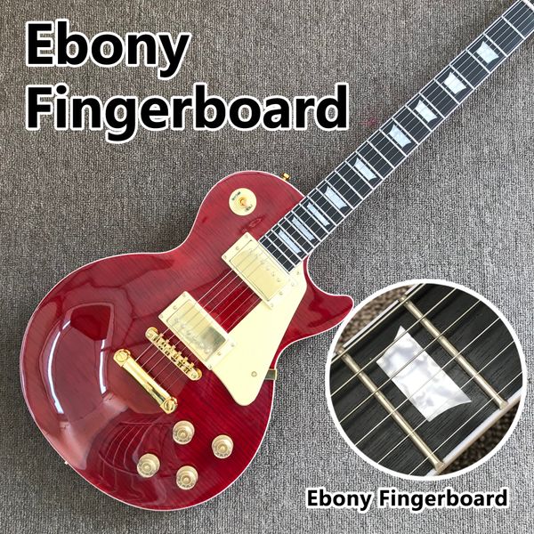 E-Gitarre mit Ebenholzgriffbrett, Decke aus rotem Ahorn, goldene Hardware, E-Gitarre mit massivem Mahagonikorpus