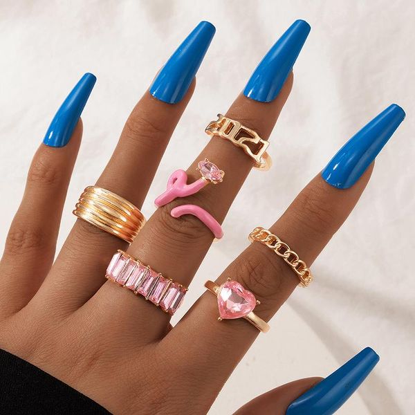 

wedding rings 6pcs/set ins fashion pink crystal stone ring set for women 2021 bohemian snake love heart party jewelry 19995, Slivery;golden