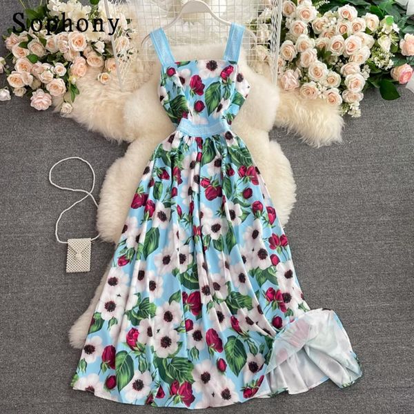 

casual dresses 2021 fashion runway summer vintage vacation dress women spaghetti strap dot floral print lace splicing long s77013, Black;gray